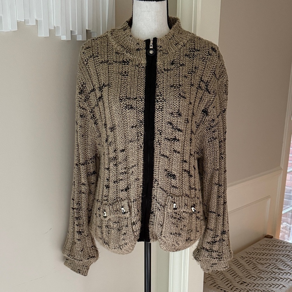 Vintage Y2K 90s Jamie Sadock Tan Black Chunky Knit Full Zip Cardigan Jacket L